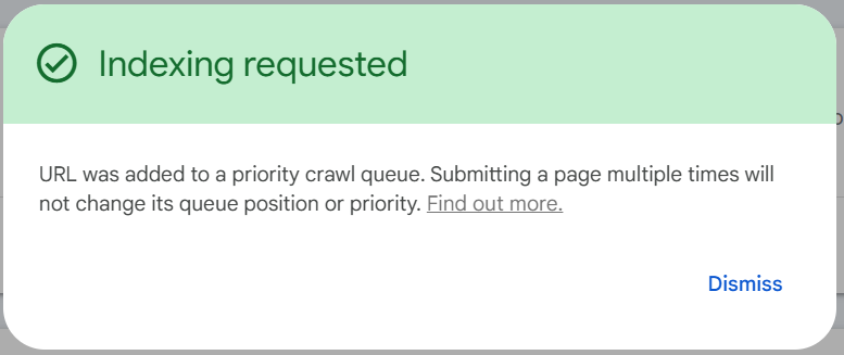 Google Search Console indexing request successful
